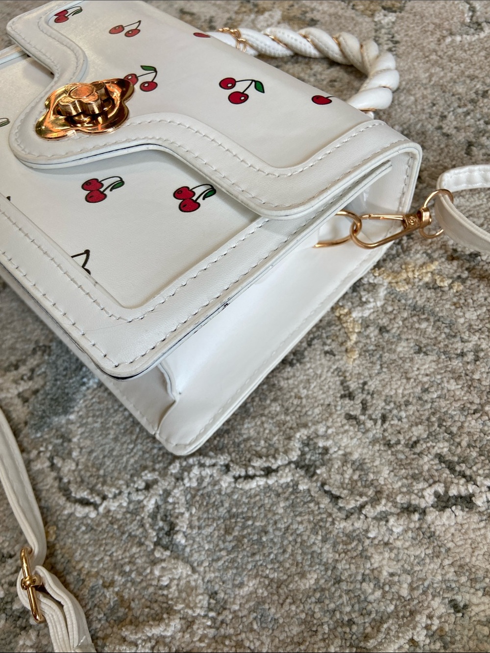 White Cherry Print Mini Crossbody Bag with Top Handle and Turn Lock Hardware - Picture 6 of 12
